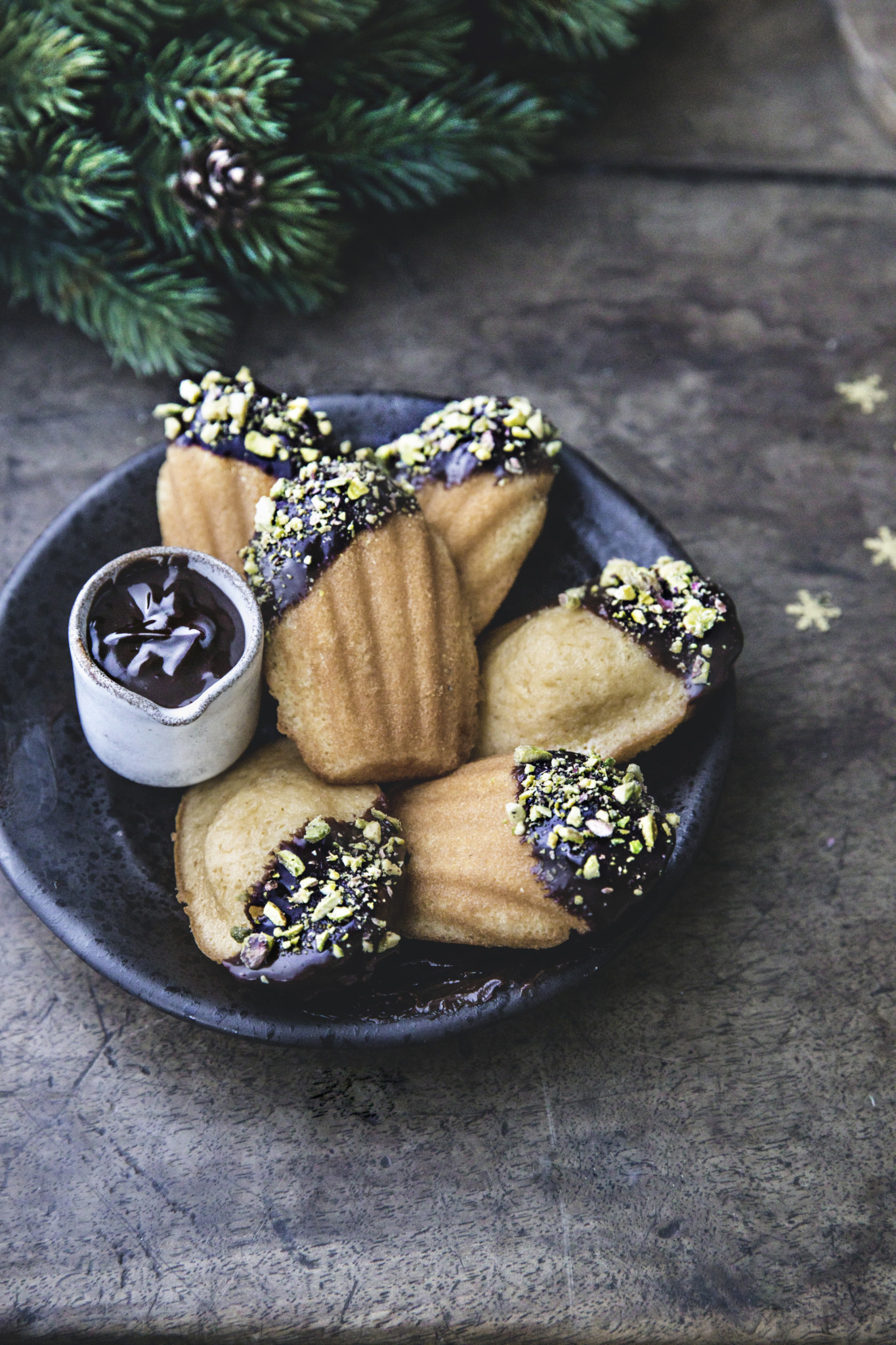 Chocolate dipped madeleine