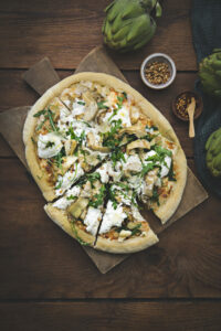 Pizza ciabatta burrata artichauts